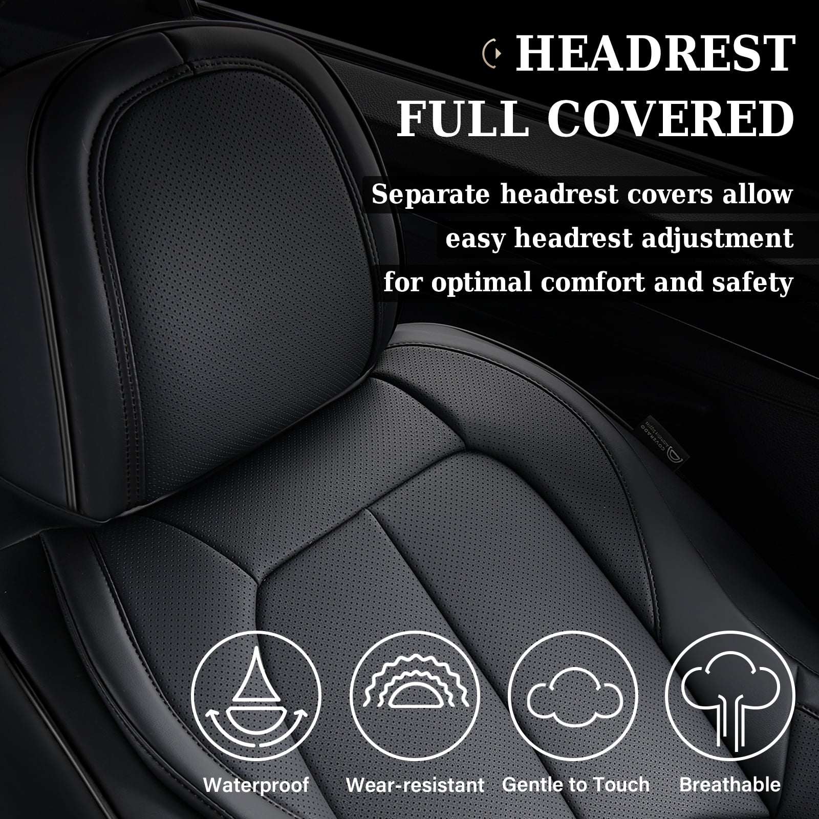 Coverado Car Seat Covers Full Set, Premium Leather Seat Protectors with Lumbar Support, Waterproof Auto Cushions Universal Fit for Most Cars, Black
