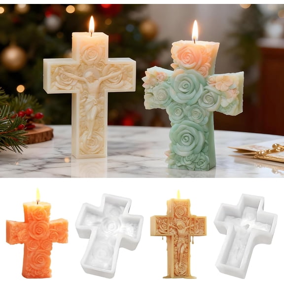Cross Silicone Mold 2-Pack Rose and   Cross 3D Flower Detail Design Epoxy Resin Mold for Candles, Clay, Plaster, and Resin Casting