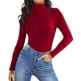thumbnail image 2 of Women's Turtleneck Long Sleeve Shirts 2025 Fall Basic Tees Ribbed Fitted Tops Thermal Layering Knit Top Clothes，Wine L, 2 of 6