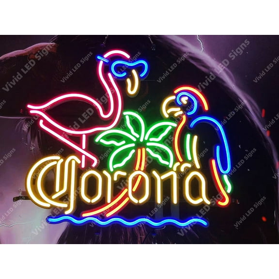 Queen Sense 25"x22" Coronas Beer Flamingo Parrot Palm Tree LED Sign Light Neon Signs With Dimmer Party Home Wall Decor Lights W125CBFPPT-XLED