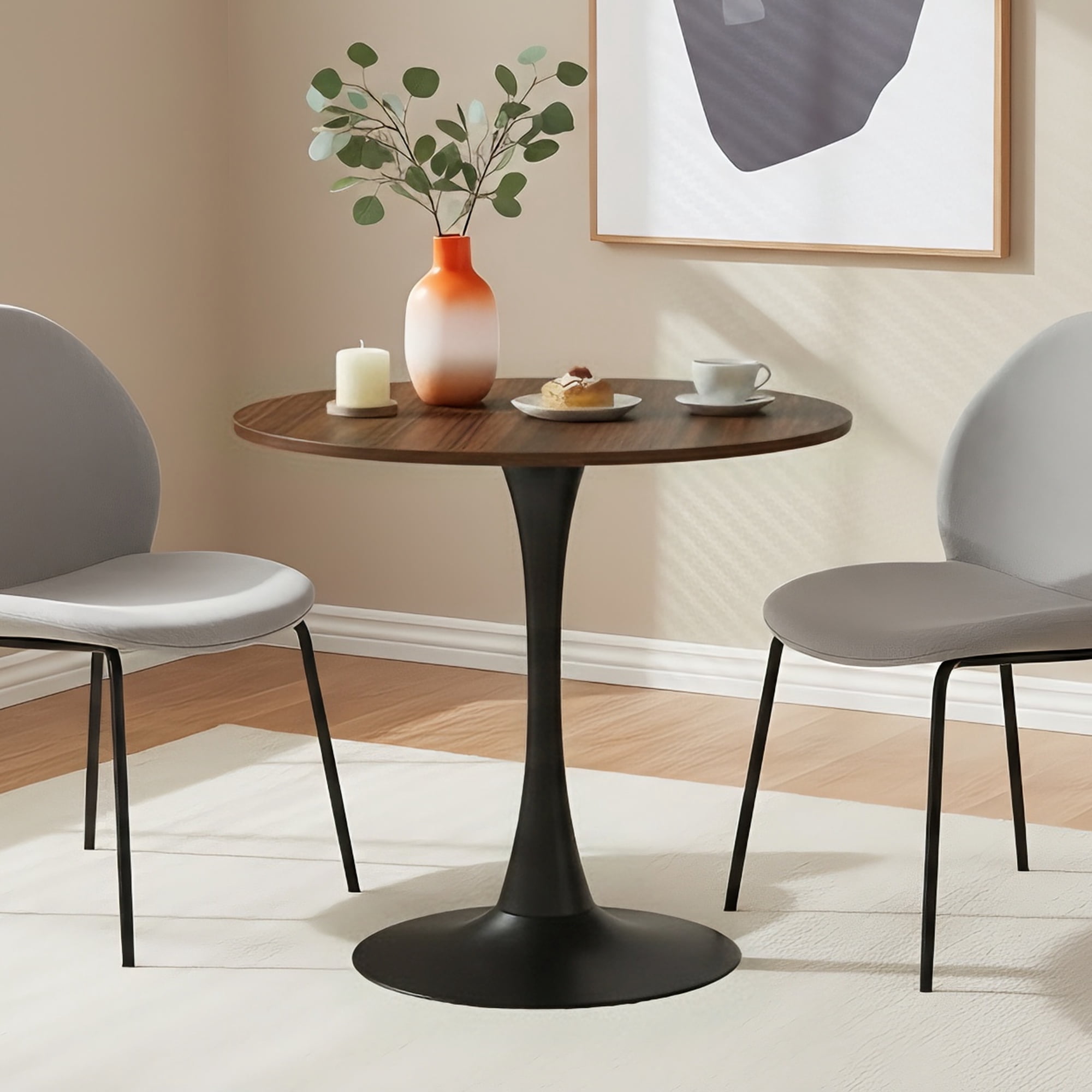 23.6" Round Dining Table with MDF Top & Metal Tulip Pedestal Frame for Kitchen, Living Room, Bedroom, Walnut