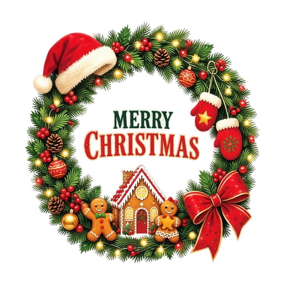 Christmas Window Clings Featuring 12 Inch Round Wreath Design with Gingerbread House and Santa Hat, Festive Christmas Decorations for Home and Classroom Glass Surfaces, Holiday