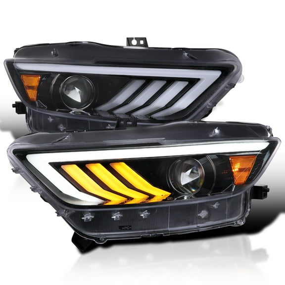 Spec-D Tuning Jet Black Projector Headlights w/ Sequential LED Turn Signal Compatible with 2015-2017 Ford Mustang Coupes w/ HID/Xenon, Left   Right Headlamp Assembly