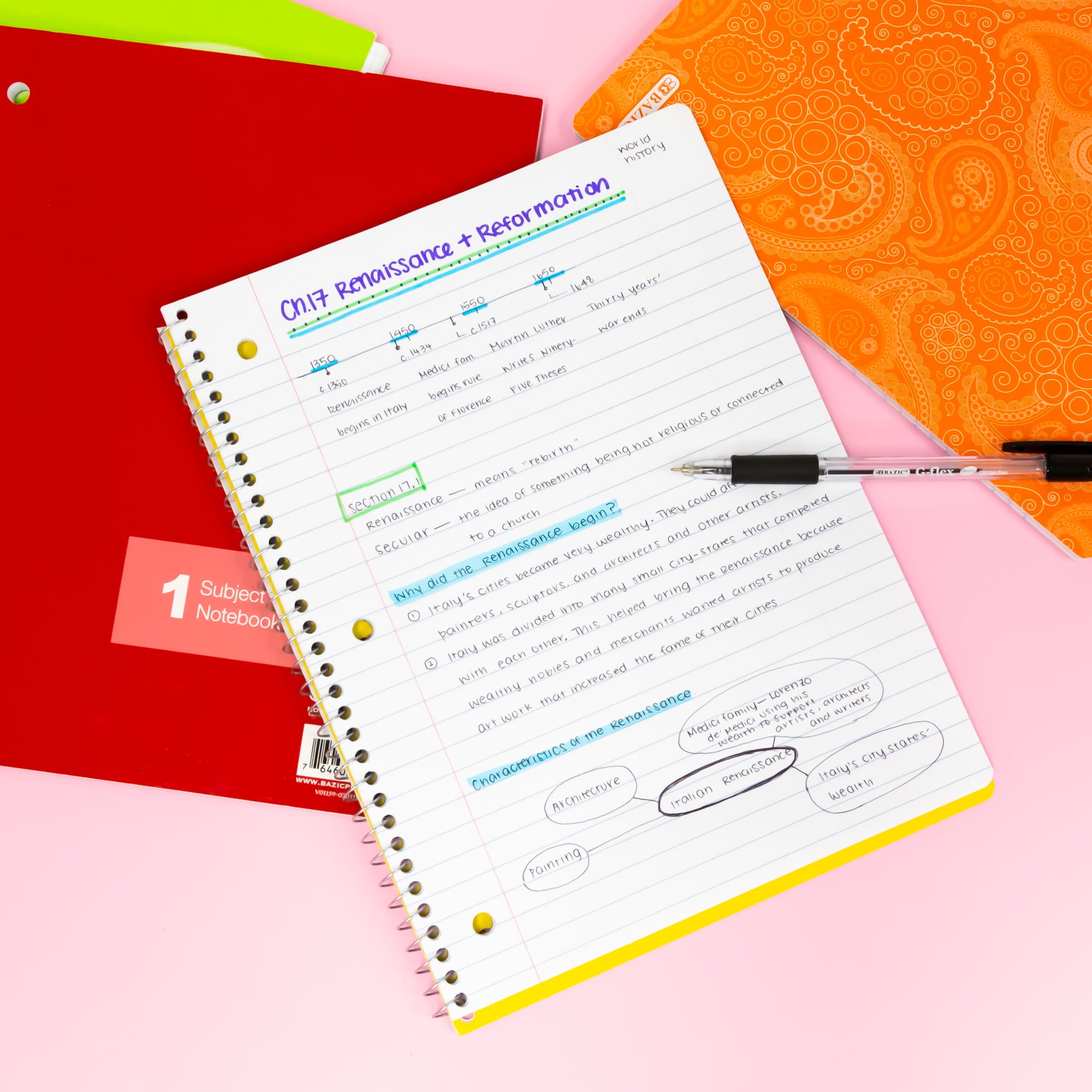 Bazic Products Spiral Notebooks, 3 Subjects, Medium/college Rule, Randomly Assorted Cover Colors, (120) 10.5 X 8 Sheets. Single.