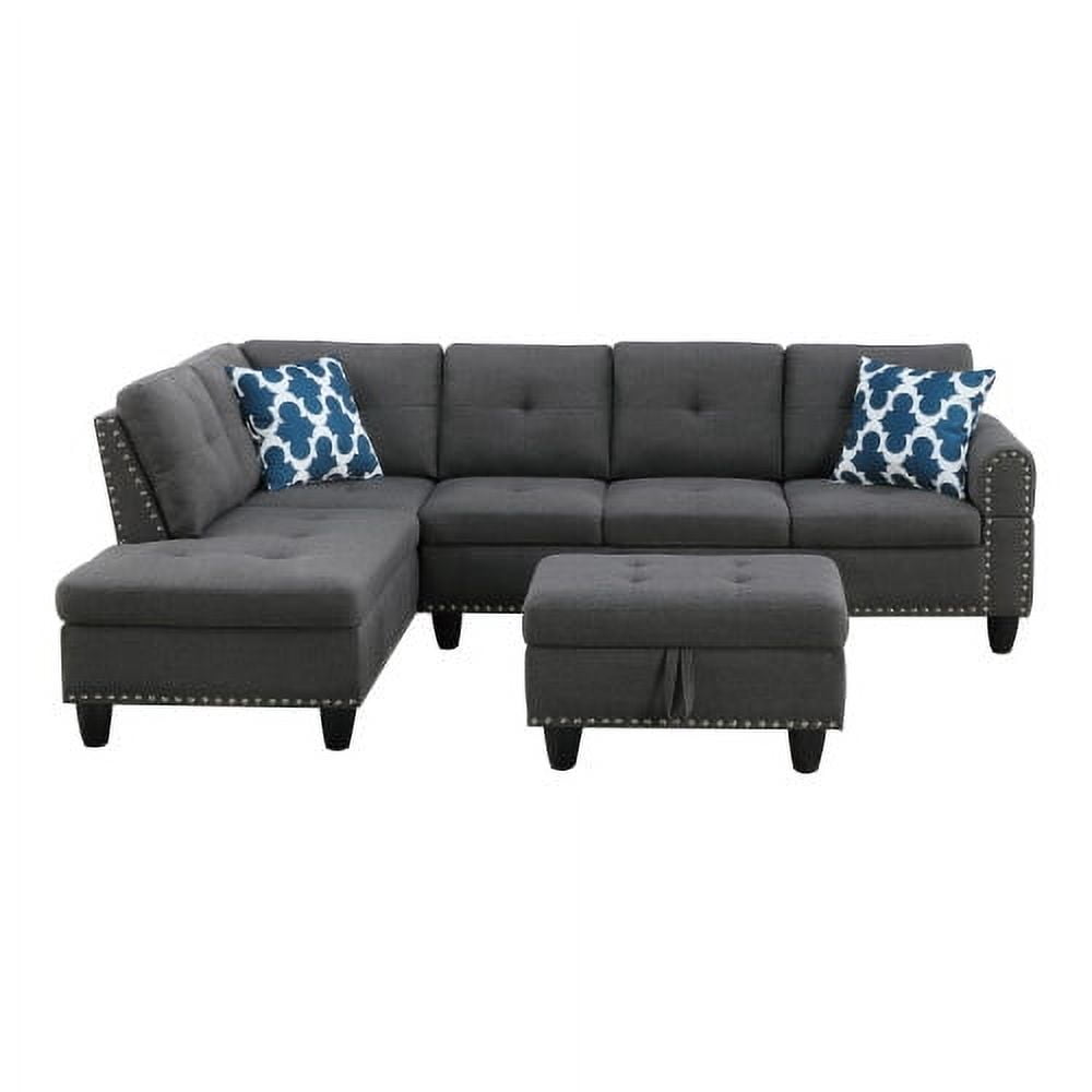 BSHTI Dark Gray Linen L-Shaped Sectional Sofa with Reversible Storage Chaise for Living Room, Storage Ottoman & Cup Holders, 3-Seat Contemporary Couch