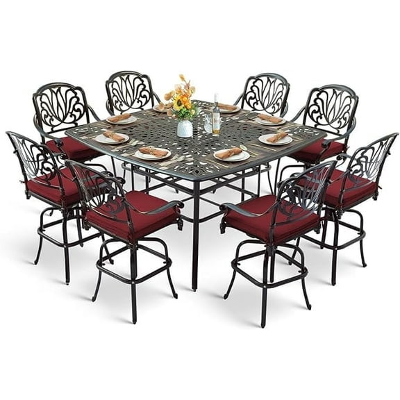 MEETWARM 9-Piece Outdoor High Patio Dining Set, Free-Rust Cast Aluminum Patio Bar Table and Chairs Set with 8 Swivel Bar Stools & 64" Bar Height Dining Table, Umbrella Hole, Red Cushion