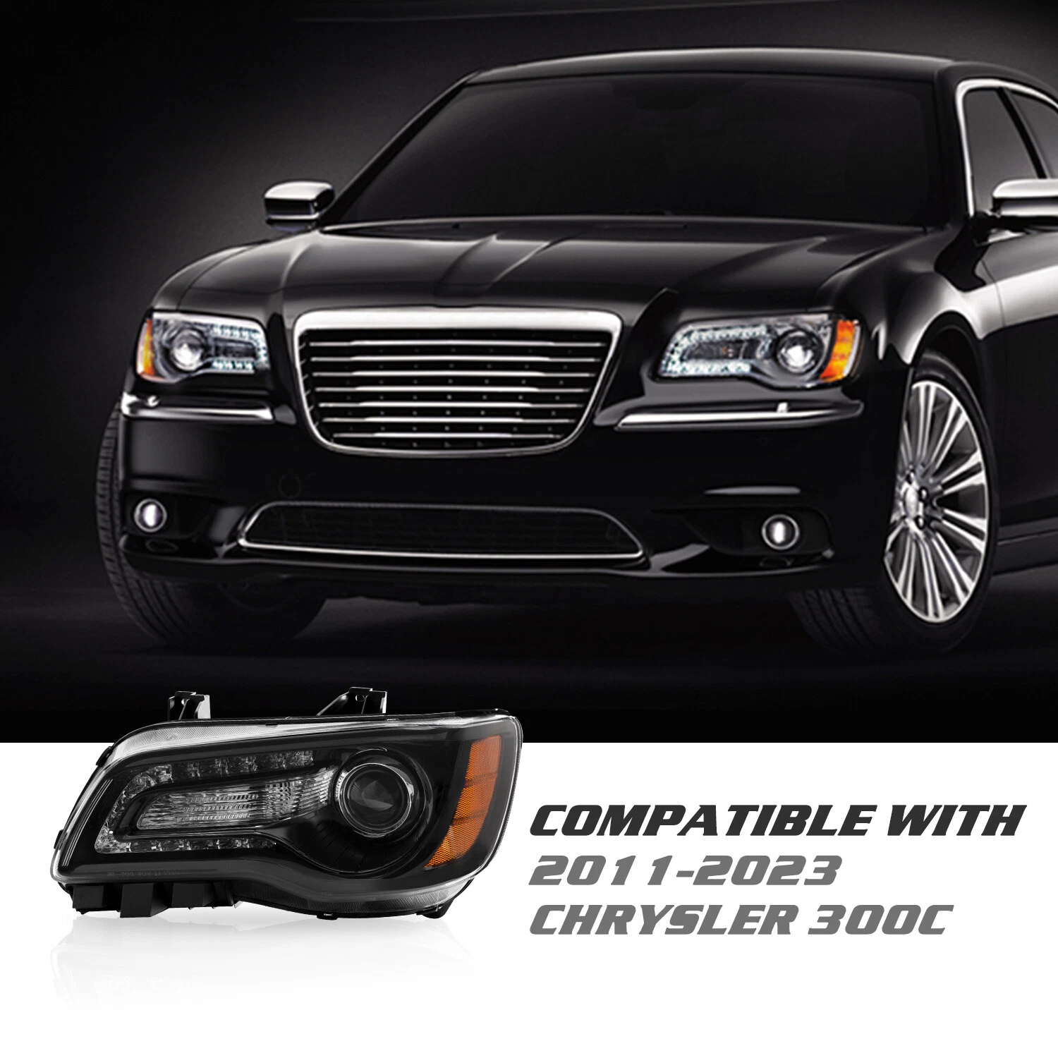 Titans Motors Black LED DRL Projector Headlights for 2011–2023 Chrysler 300 — Driver & Passenger Side Pair