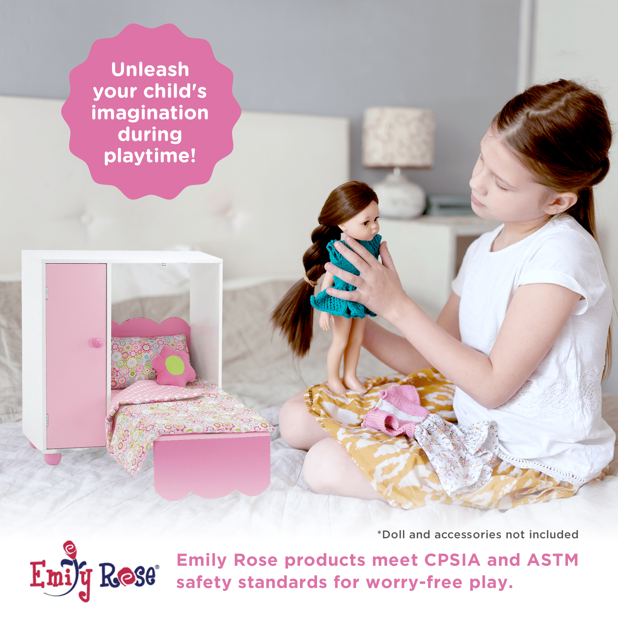 Emily Rose 18 Inch Doll Furniture All in One Space Saving Murphy 18" Doll Bed with Doll Clothes Closet and Clothing Storage Bin  (Mom's Choice Award Winner!) | Fits 18" American Girl and Similar Dolls