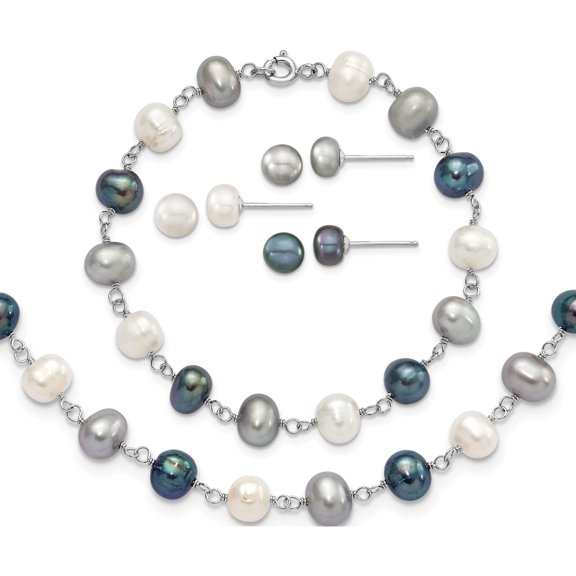 Sterling Silver Rhodium Fwc Pearl Necklace/ Bracelet/3Pc Earring Set Made In China qh4856set