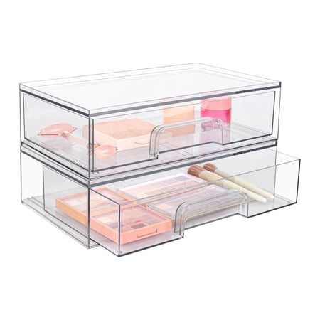Sindcom Clear Stackable Storage Drawers 2 Pack Acrylic Plastic Organizers Bins for Makeup Palettes Cosmetics and Beauty Supplies Ideal for Vanity Bathroom Cabinet Desk Organization