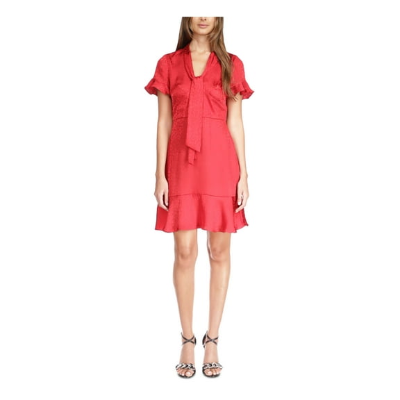 MICHAEL MICHAEL KORS Womens Red Ruffled Pullover Tie Detail Short Sleeve V Neck Short Party Fit   Flare Dress S