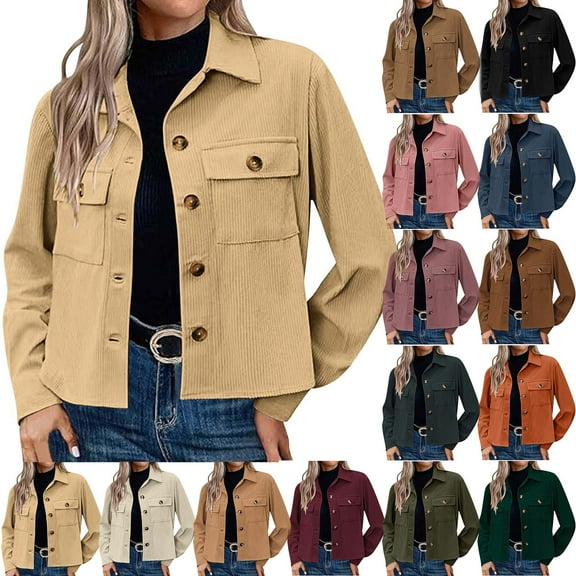 DDAPJ pyju Womens Corduroy Jacket Lightweight Cropped Shacket Button Down Long Sleeve Shirts with Pockets Blue L