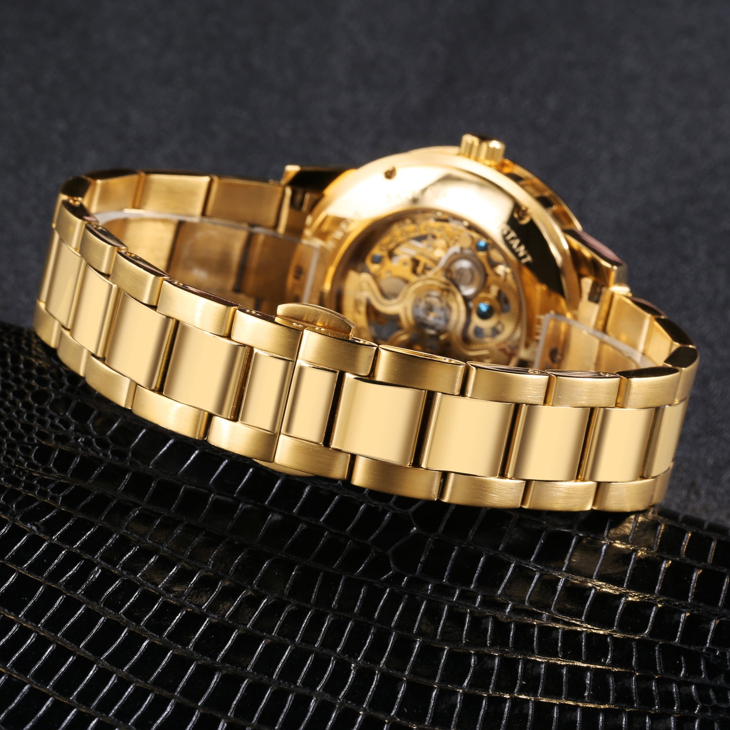 BERNY Automatic Watches for Men, Luxury Skeleton Mechanical Watch Self Winding Carved, Exhibition Caseback, Luminous, 5ATM Waterproof, Stainless Steel, Vintage Men's Wrist Watch (Gold)