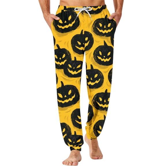 Men's Halloween Jogger Pajama Pants, Drawstring Two Pocket Printed Cuffed Lounge Sleep Trousers Nightwear Slacks, Yellow, M