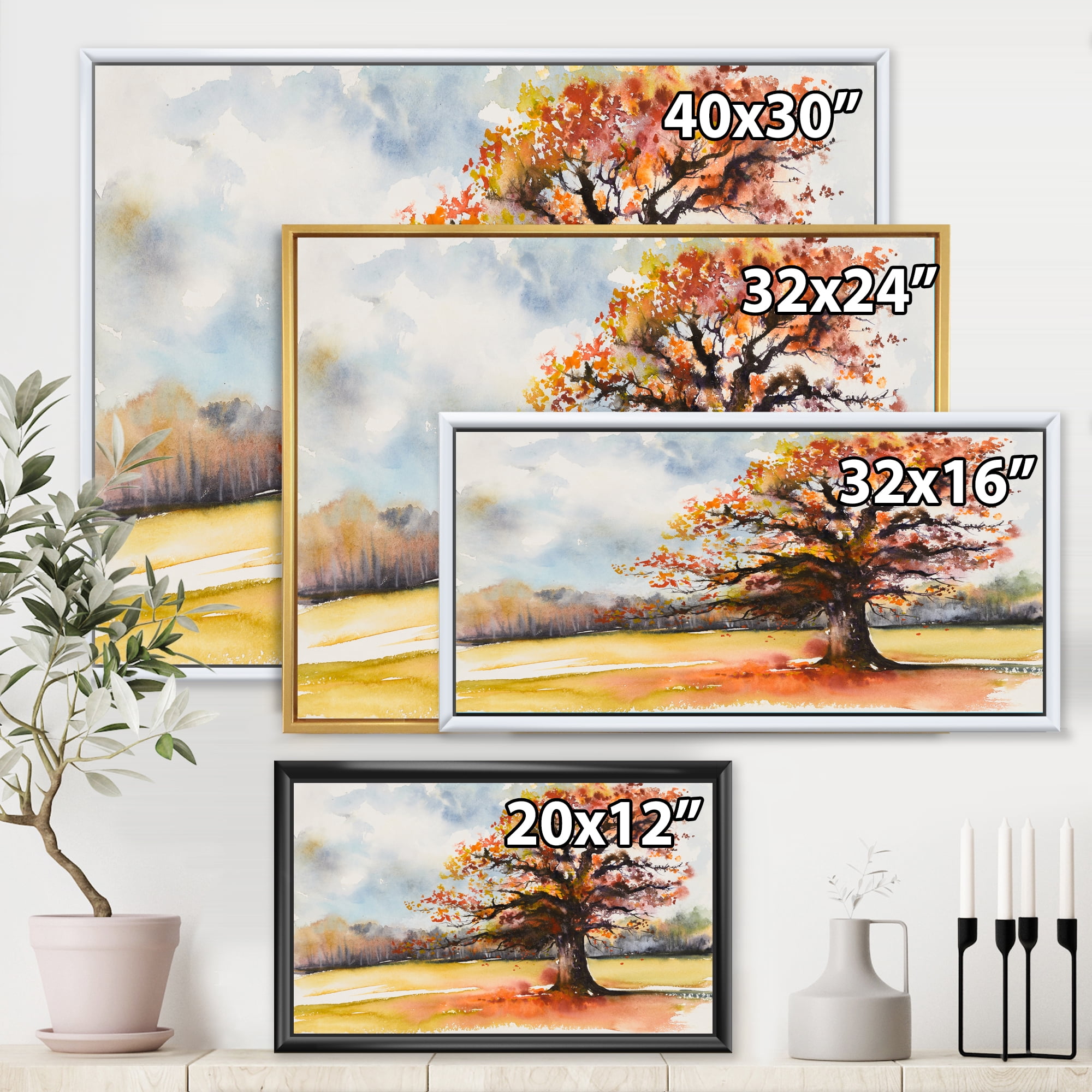 Designart 'Lone Oak Tree In The Fields With Autum Leaves' Traditional Framed Canvas Wall Art Print