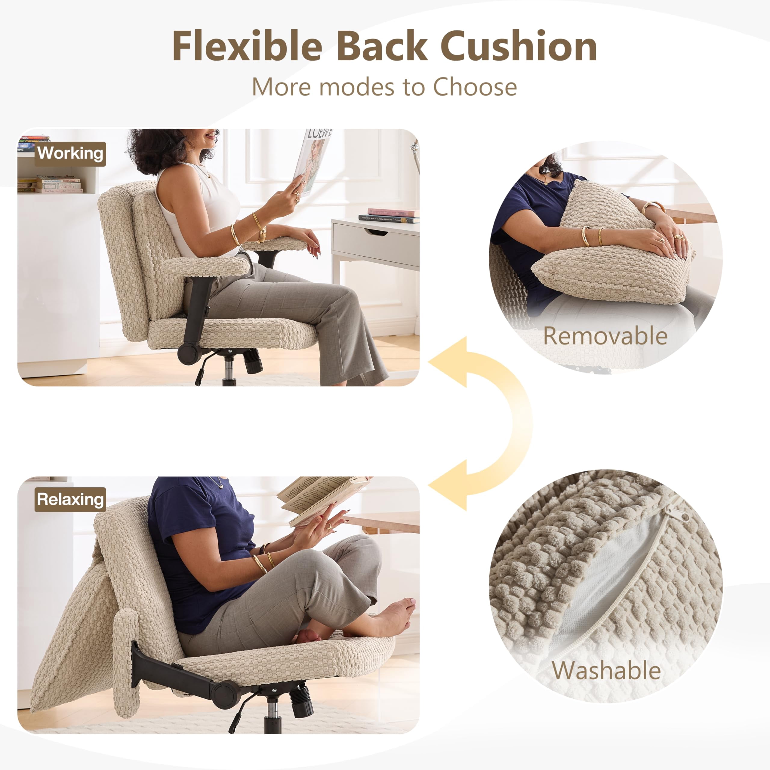 Nexthro Criss Cross Chair,Cross Legged Chair with Wheels and Arms,27" Wide Seat Office Desk Chair with Flipable Back Cushion,Mid Back Beige Swivel Chair for Home Office,Bedroom Vanity(Beige)