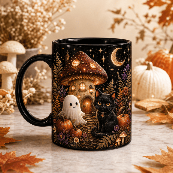 Halloween Mug Enchanted Mushroom Cottage Ceramic Coffee Cup for Fall Sipping Halloween Fans