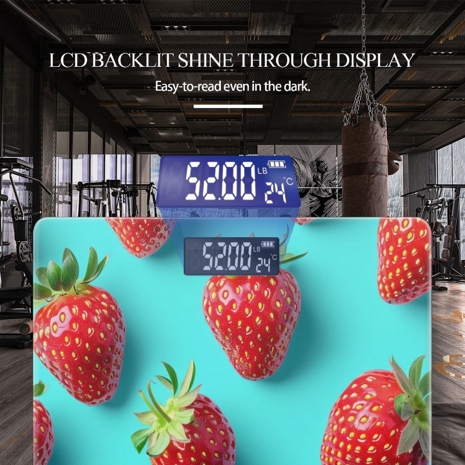High Precision Body Weight Scale Smart Bathroom Scales with Large LCD Display(400lbs),Decorative for Bedroom-Fruit Pattern With Strawberries On Blue Background