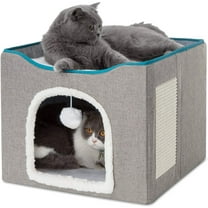 Cat Bed, HDJ Cat House with Scratch Pad and Fluffy Ball Hanging for Cat, Dog,Pets ,16.5x16.5x14 inches, Grey