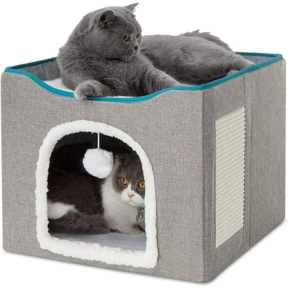 Cat Bed, HDJ Cat House with Scratch Pad and Fluffy Ball Hanging for Cat, Dog,Pets ,16.5x16.5x14 inches, Grey