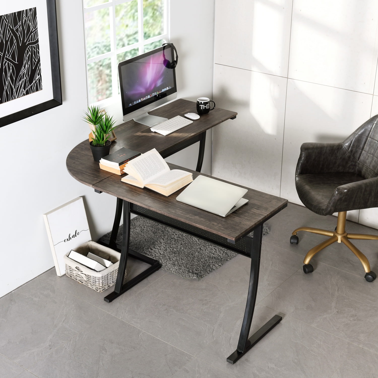 Kepooman Modern Simple L Shaped Office Desk, Corner Computer Desk with Round Corner, Home Office Desks Table Workstation for Small Spaces, Walnut Color Kepooman Modern Simple L Shaped Office Desk, Corner Computer Desk with Round Corner, Home Office Desks Table Workstation for Small Spaces, Walnut Color