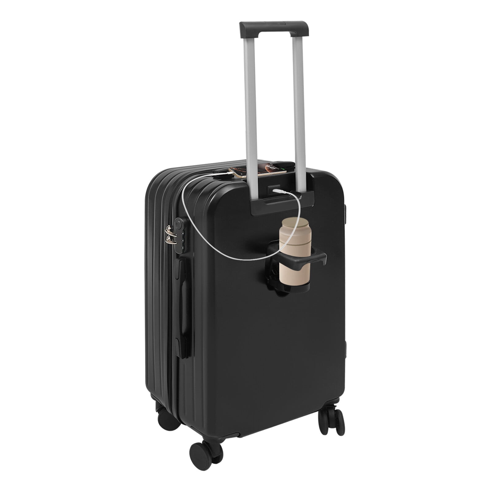Black 24 inch Carry On Luggage, Checked Luggage with Cup Holder & Spinner Wheels Carry On Suitcase Airline Approved with USB Interface Lightweight Travel Luggage Suitcase