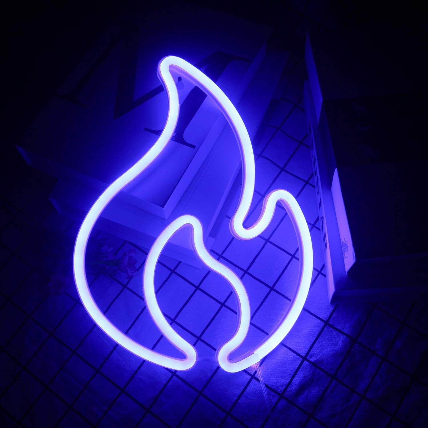 FONGWA Flame Neon Signs for Wall Decor, Fire LED Neon Light Signs for Bedroom, Blue USB/Battery Aesthetic Cool Hanging Neon Night Light for Boys Room, Party, Bar, Birthday Gift (Blue) -