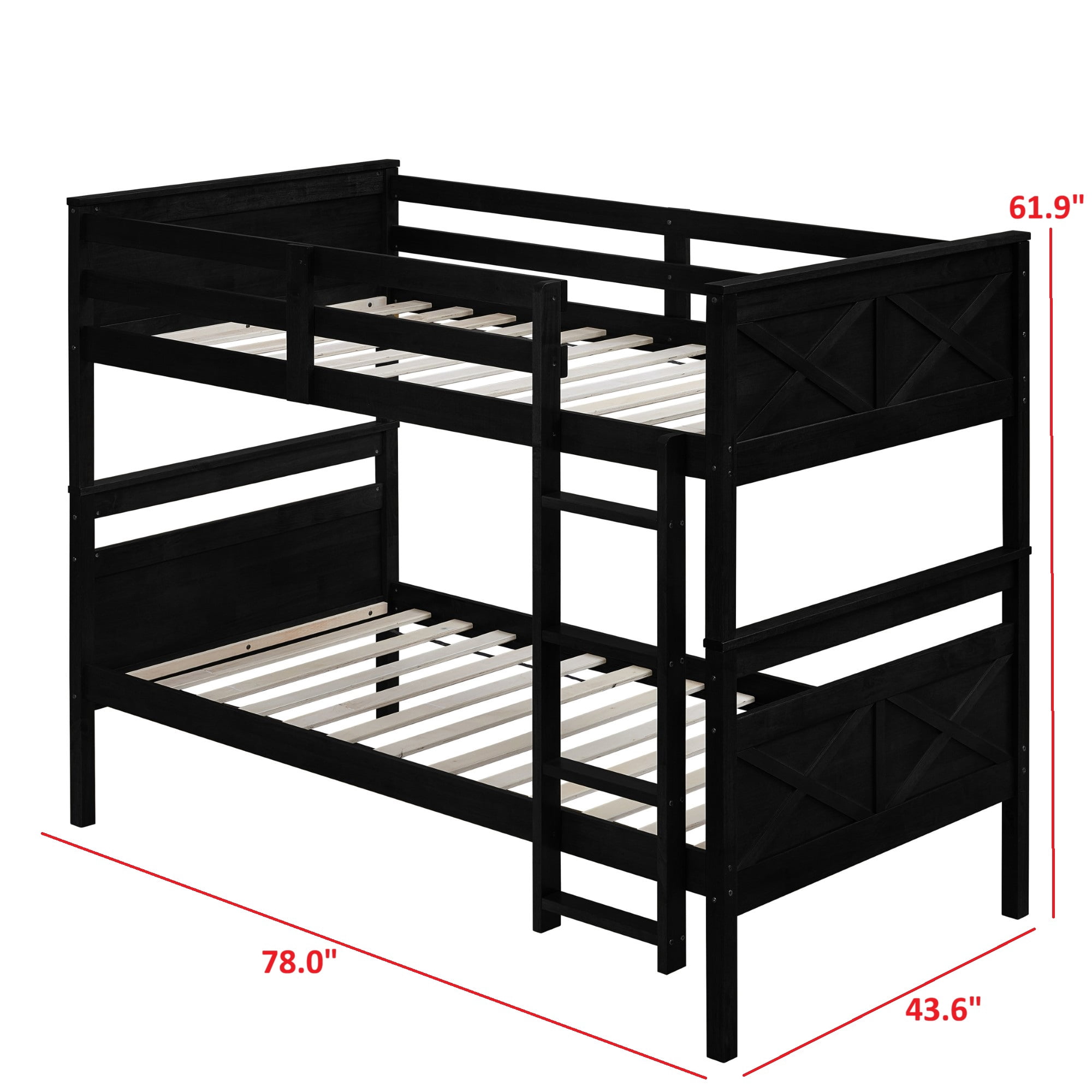 Home Design Exeter Twin Over Twin Solid Wood Bunk Bed Frame with Guardrails and Ladder, Black, Easy Assembly