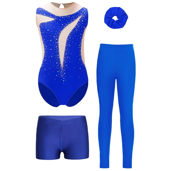 TSSOE Gymnastics Leotard for Girls Sleeveless Ballet Dance Unitard with Shorts Leggings Hairband 4 Piece Outfit Blue 8