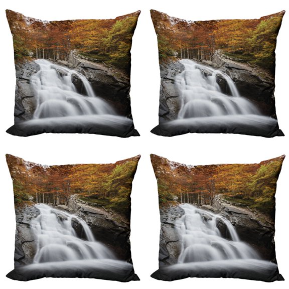 Ambesonne Landscape Throw Pillow Cover 4 Pack, Fall Trees with Lake, 16", White Green and Orange