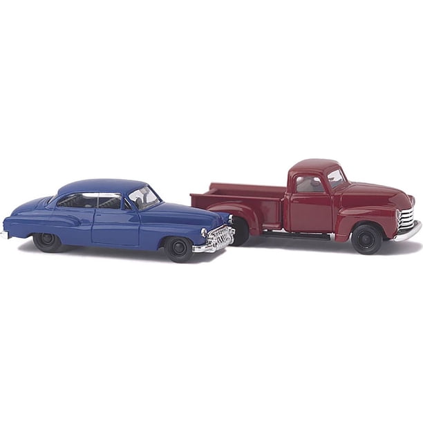 Busch 8349 Chevy Pick-Up & Buick Vehicle Model Set - Super Detailed 1:87 Scale Die-Cast Cars (Metallic Blue & Red)