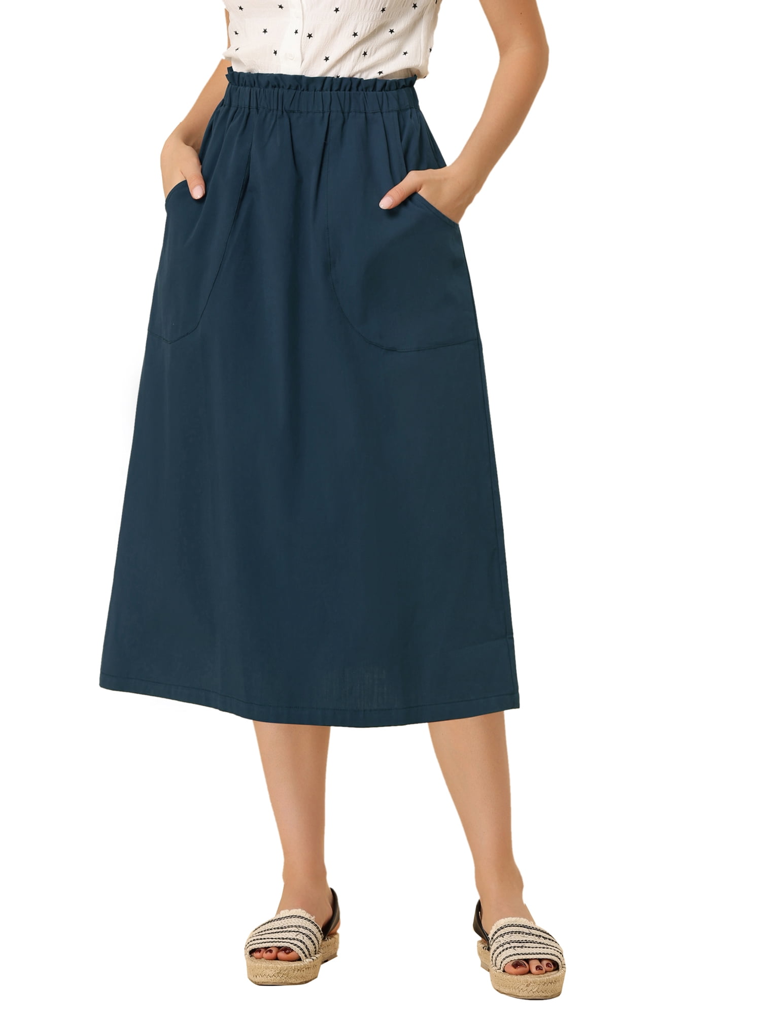 DARING DIVA Women's Cotton A-Line Midi Skirt with Pockets M Dark Blue