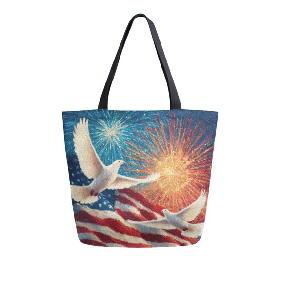 Large Opening Canvas Tote Bag Thickened Canvas Shopping Bag Commuter Handbag Multi-color Available White Dove and American Flag