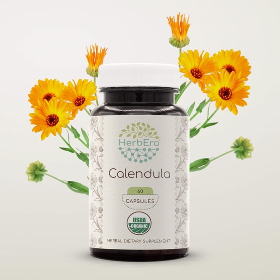 HerbEra Calendula Capsules, Organic Herbal Dietary Supplement for Skin Support, Certified Organic Calendula (Calendula Officinalis) Dried Flower Capsules, Natural, 60 Capsules