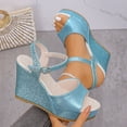 thumbnail image 2 of CYMMPU Women's Fish Mouth Open Toe Glitter Wedge Sandals, Adjustable Ankle Strap Platform Heels, Fashion Summer Casual Outdoor Beach Shoes Sky Blue 39, 2 of 9