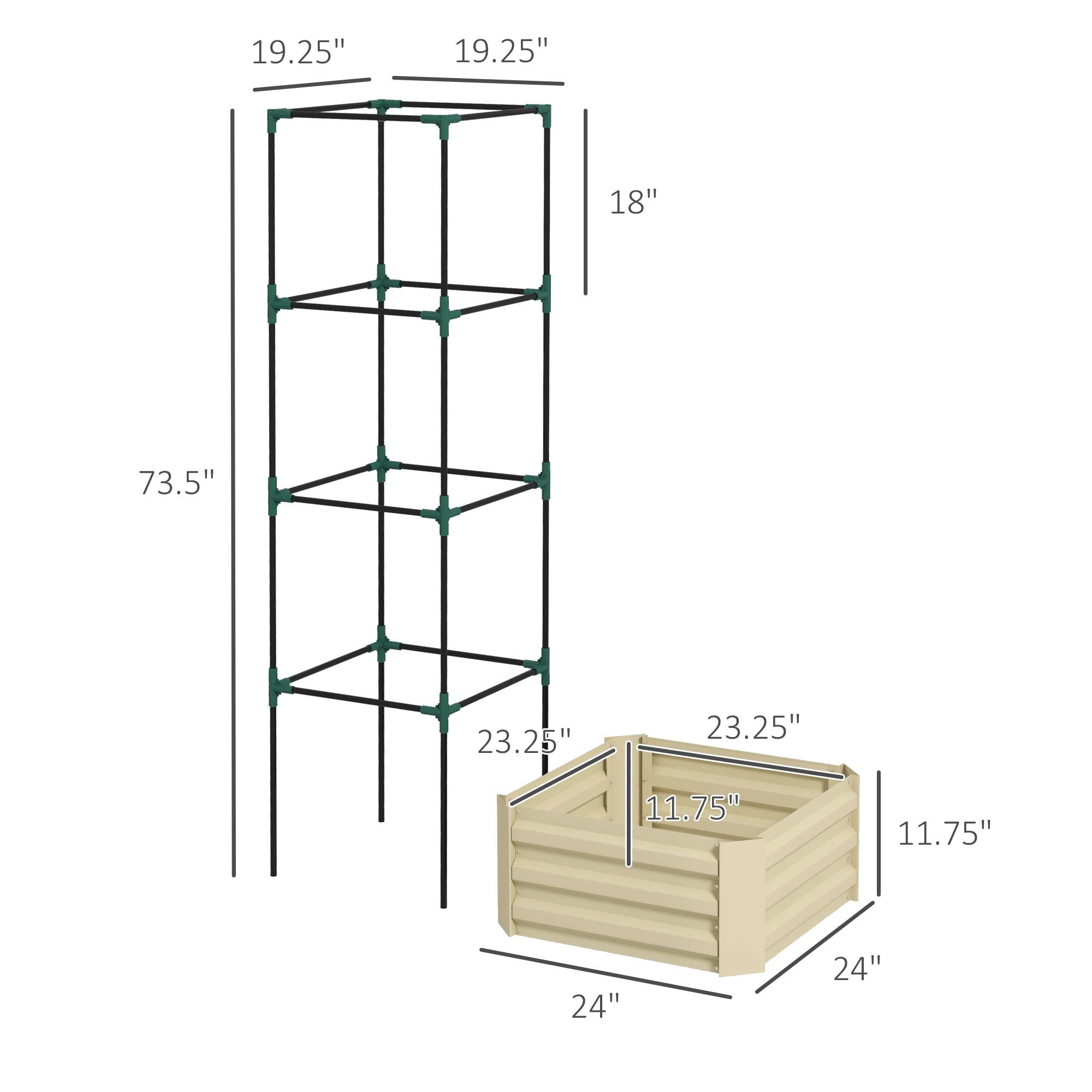 Outsunny Galvanized Steel Raised Garden Bed with Adjustable Tomato Trellis Cage, 24" x 24" x 73.5" Cream White Planter for Vegetables and Climbing Vines in Backyard or Patio