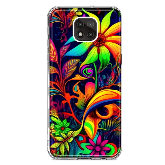 MUNDAZE Motorola Moto G Power 2021 Shockproof Clear Hybrid Protective Phone Case Neon Rainbow Psychedelic Trippy Hippie Daisy Flowers