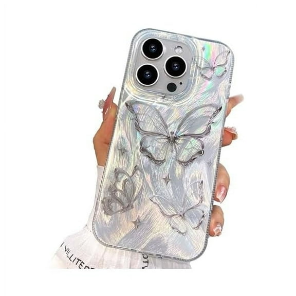 FU1999 Compact Case for iPhone 16 Pro Max Shiny Silver Butterfly Design,Cute Trendy Soft Slim TPU Shockproof Protective Phone Cases Cover for Women Girls Aesthetic Glitter
