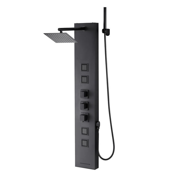 KFFKFF Shower Panel Tower System, 49 in Brushed Stainless Steel, Wall-Mounted Rain Massage System, Incorporates Rainfall Shower Head, 4-Function Faucet, 4 Body Jets, Handheld, and Tub Spout