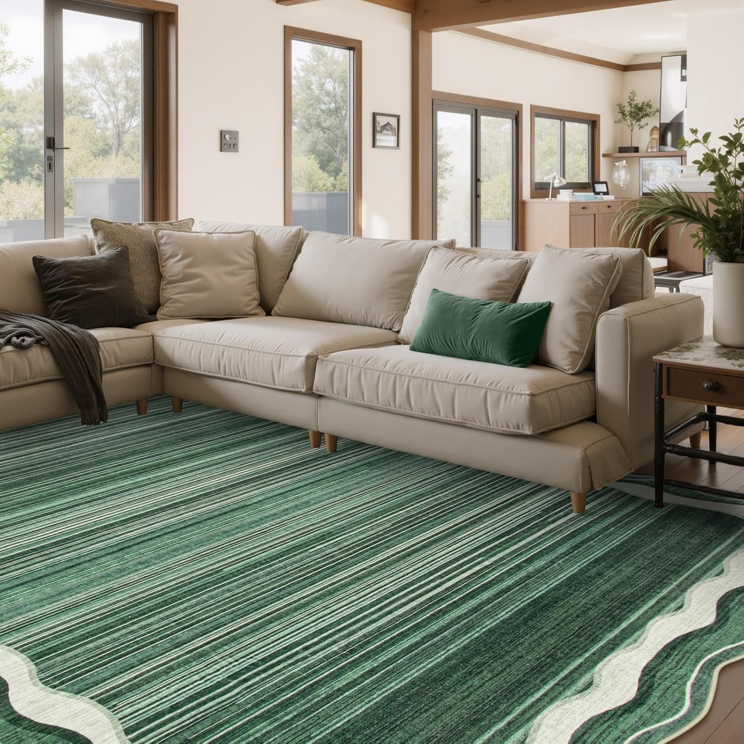 Wonnitar 8'x10' Scalloped Large Area Rug for Living Room, Washable Striped Bedroom Rug, Green Wavy Modern Rug for Dining Room, Home Office, Non Slip Soft Low Pile Stain Resistant