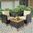 thumbnail image 2 of Patiojoy 3 Pieces Outdoor Rattan Furniture Set Wicker Bistro Set Wooden Table Top with Beige Cushions, 2 of 8
