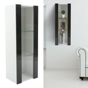 HURRISE White Gloss Wall Mount Display Tall Cabinet with Glass Door LED Light Black for Living Room Bedroom Offfice Decor
