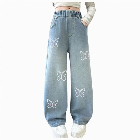 TOWED22 Girls Baggy Jeans, Ripped Butterfly Patch Denim Pants, Casual Loose Fit Wide - Leg Trousers for Kids,Light Blue,15-16 Y