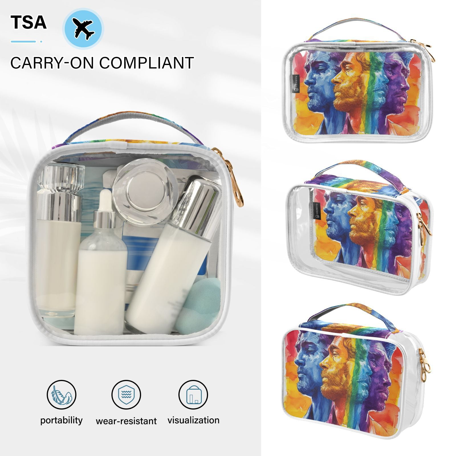 Clear Makeup Bags with Handle Large Opening 2 Pack Set Toiletry Bag Quart Size Bag, for Women Man Traveling Travel Essentials, Toiletries and Other. Pride Face