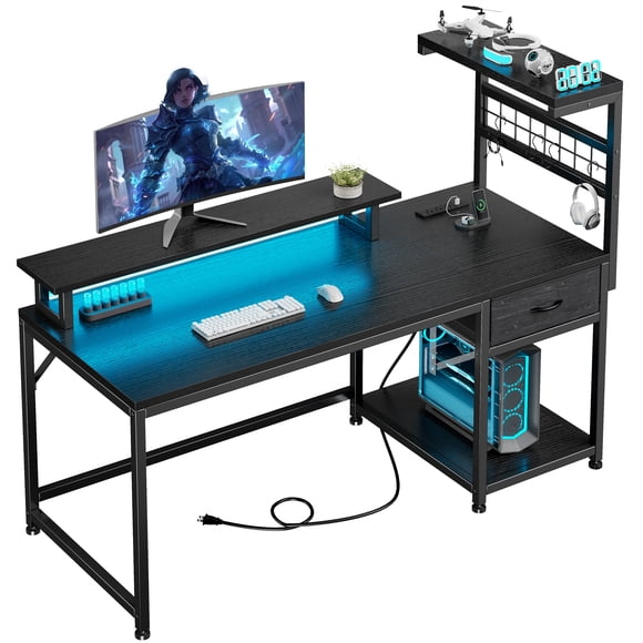 Exenoray Bureau d'Ordinateur avec Tiroir, Lumière DEL et Prise de Courant, Bureau de 48 Pouces pour Bureau à Domicile avec Tablette de Rangement Latérale, Bureau de Travail Réversible, Bureau d'Étude en Bois Noir et Métal pour Chambre et Jeux