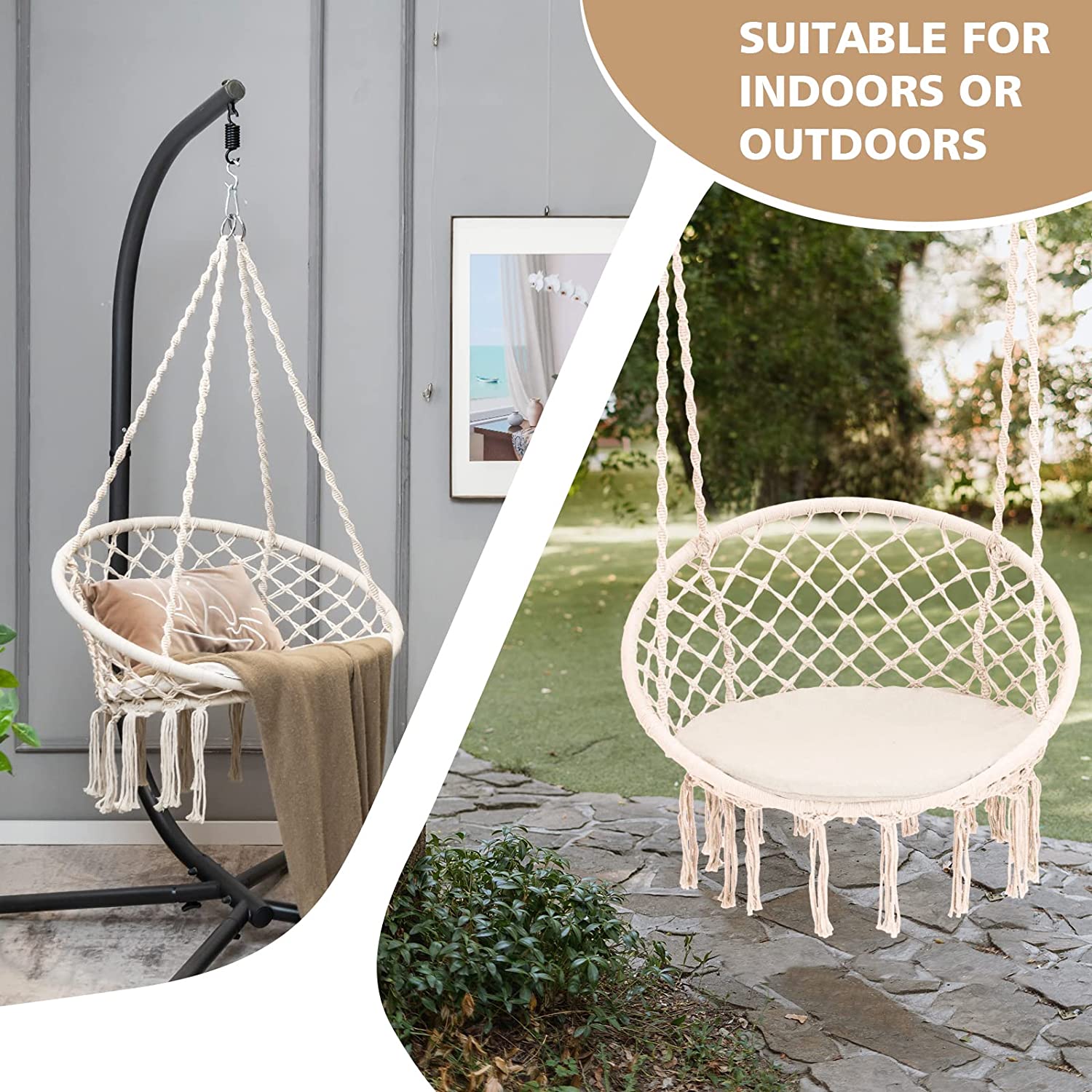Hammock Chair Macrame Swing - Hanging Chair with Cushion and Hardware Kit,  Indoor Swing for Hammock Stand, Patio, Balcony, Living Room, 330 LBS Weight Capacity, Beige - image 5 of 9