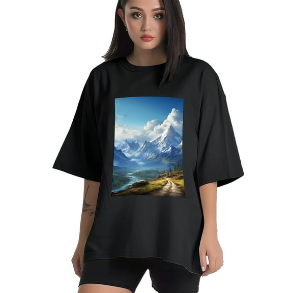 Plus Size Shirt for Women Black Tops for Women Short Sleeves Shirt for Women Mountainous (14) T Shirt Crewneck Shirt for Women XS