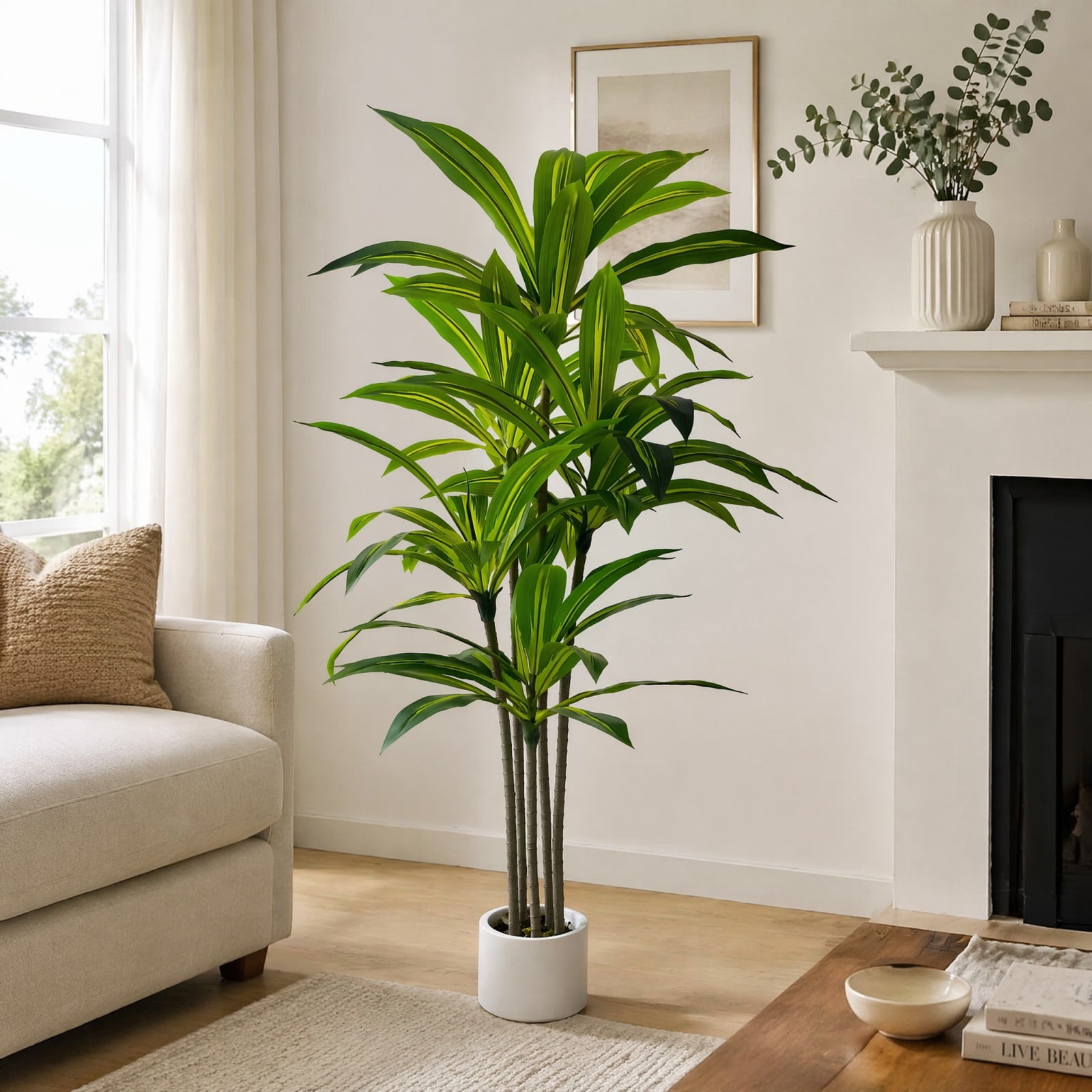 BEAUTYPEAK 5FT Artificial Dracaena Tree Fake Plants for Indoor Outdoor Decor, Upgraded White Pot