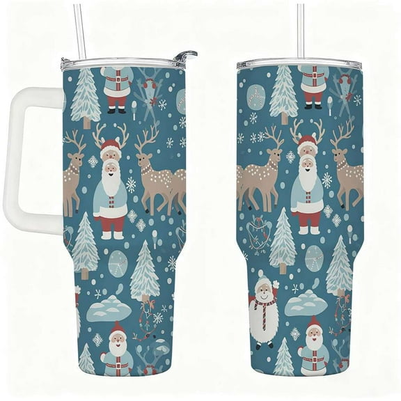 Christmas Santa and Reindeer Tumbler with Lid and Straw, Blue Winter Forest Insulated Cup