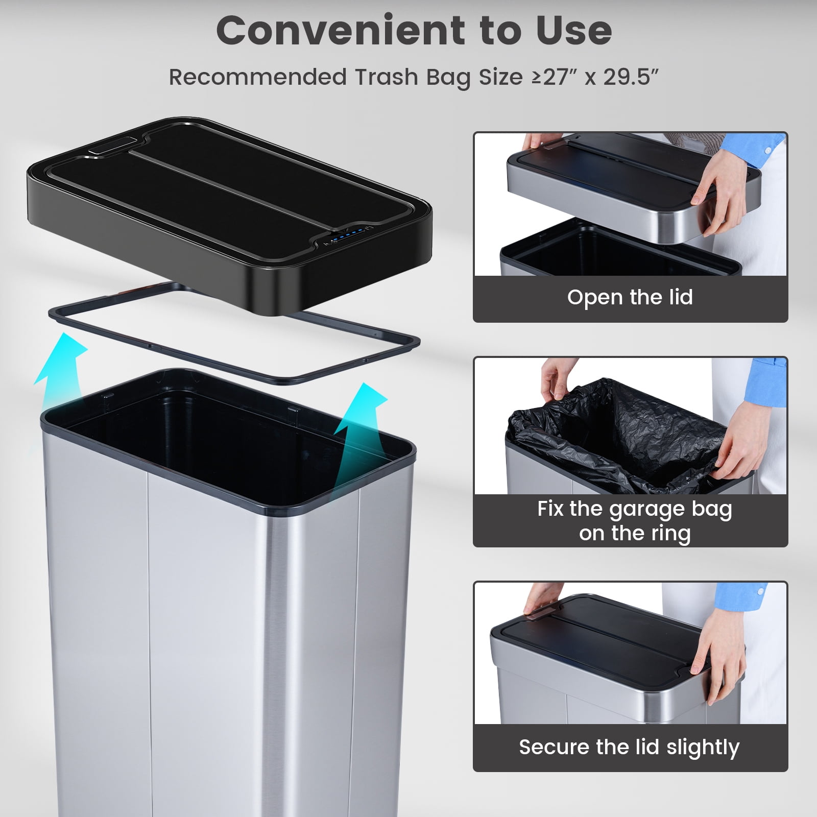 Costway 16 Gallon Trash Can with Wing Lids for Bedroom Bathroom Kitchen, Stay Open,Sliver